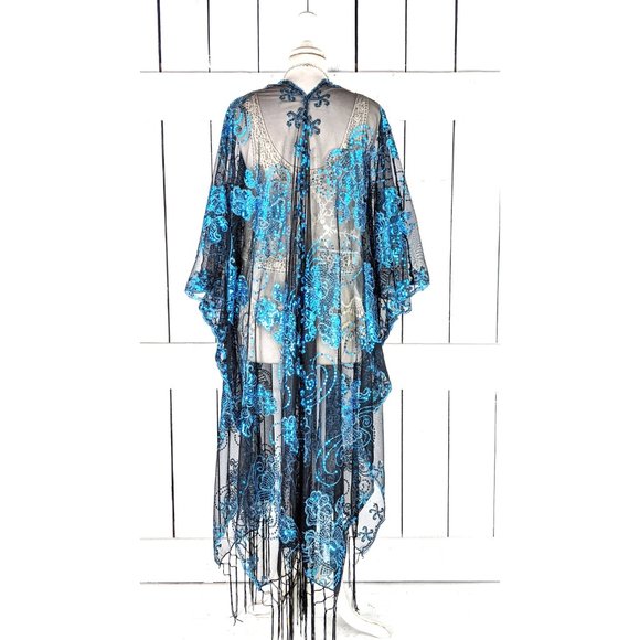 Maxi blue and black floral sequin sheer fringe kimono cover up jacket - Picture 4 of 5